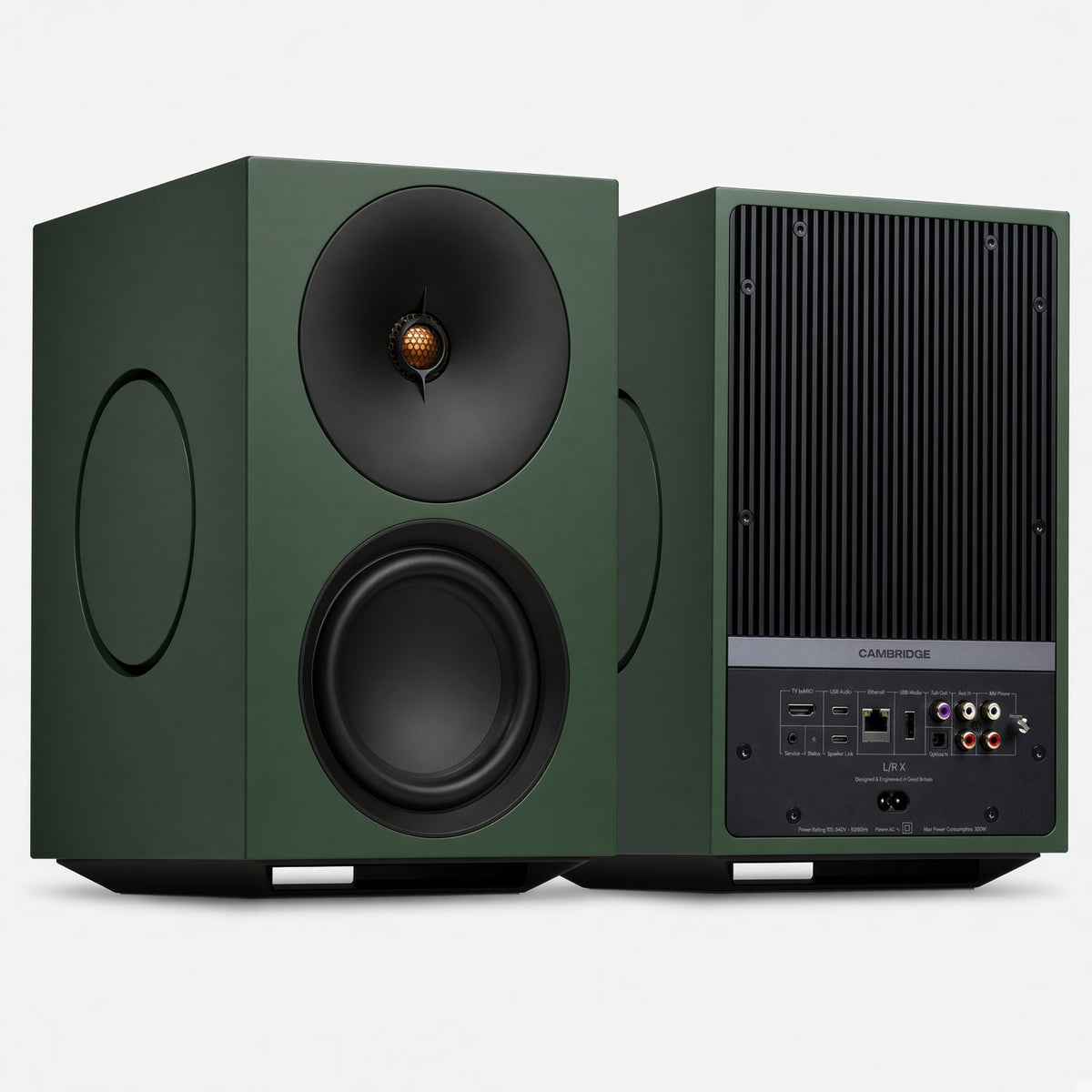 Cambridge Audio L/R X green active speakers, front and rear