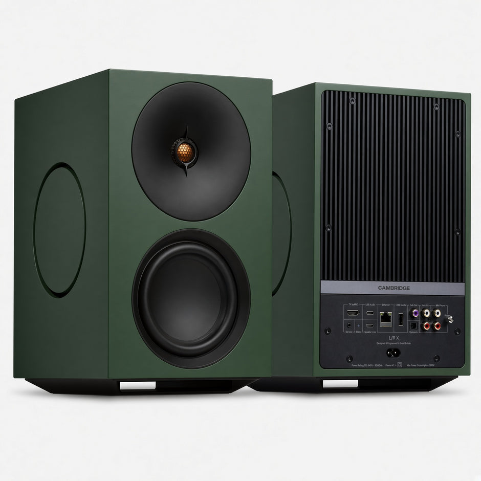 Cambridge Audio L/R X green active speakers, front and rear