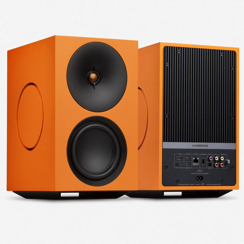 Cambridge Audio L/R X orange active speakers, front and rear