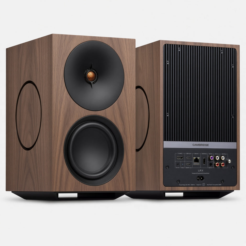 Cambridge Audio L/R X walnut active speakers, front and rear