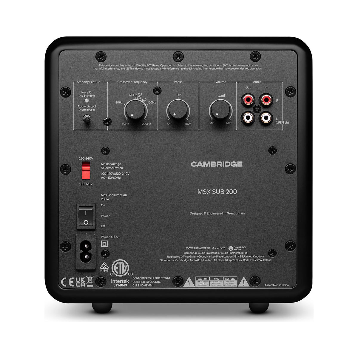 Cambridge Audio MSX Sub 200 powered subwoofer rear panel with volume controls, RCA inputs and IEC inlet