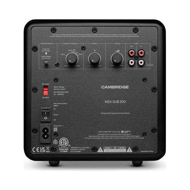 Cambridge Audio MSX Sub 200 powered subwoofer rear panel with volume controls, RCA inputs and IEC inlet