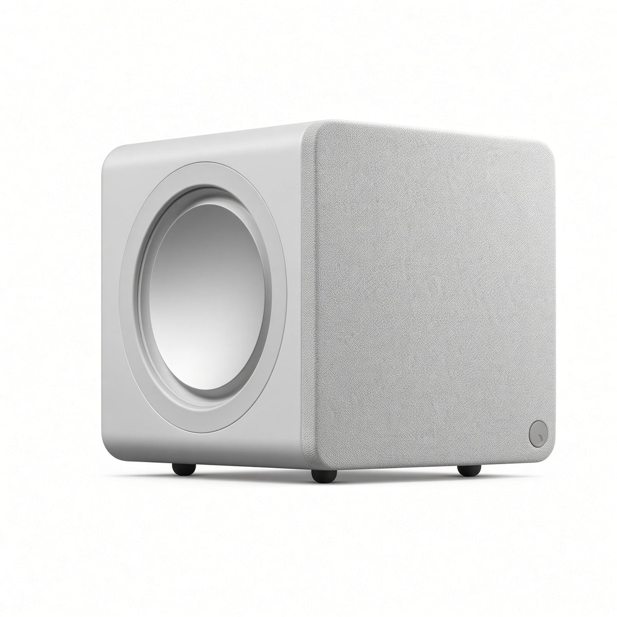 Cambridge Audio MSX Sub 200 powered subwoofer front, white fabric grille and logo