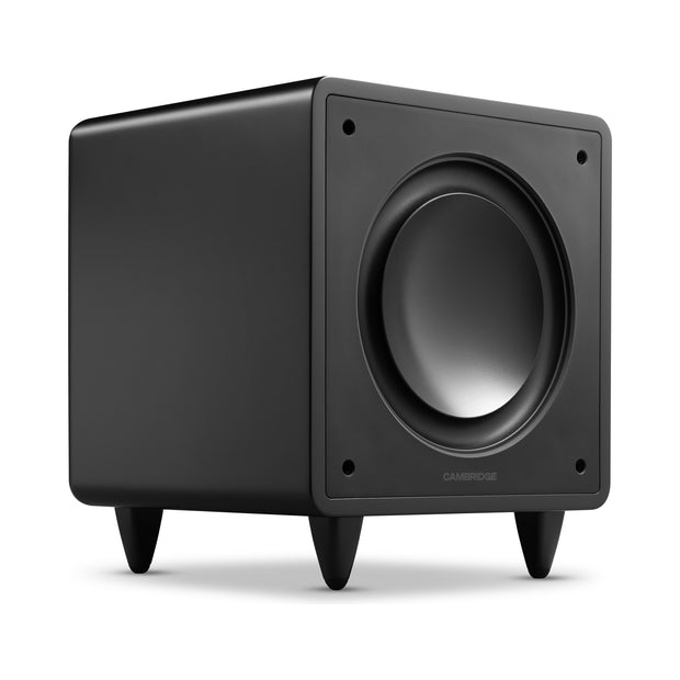 Cambridge Audio MSX Sub 300 powered subwoofer in black, exposed woofer and feet