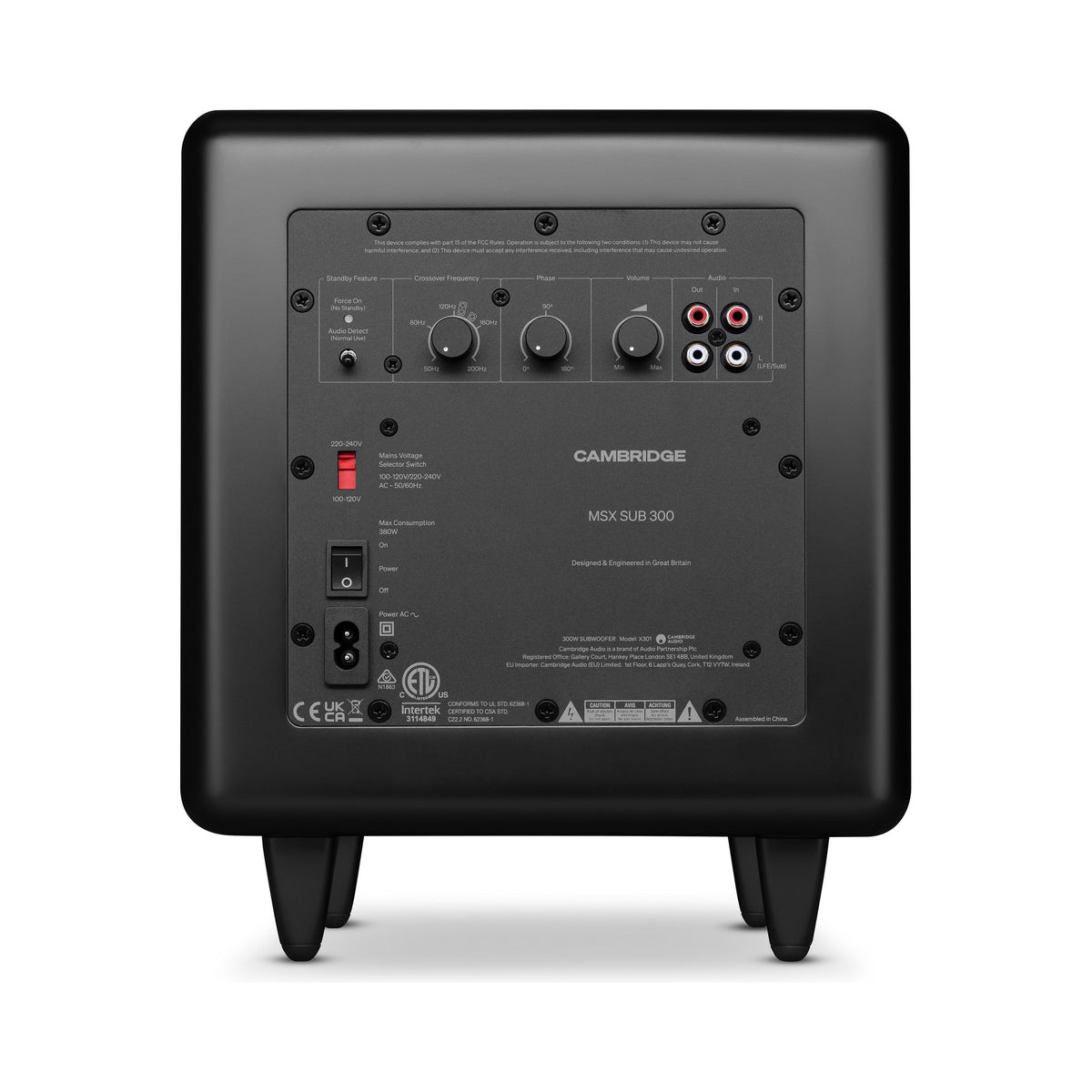 Cambridge Audio MSX Sub 300 powered subwoofer rear panel with volume controls, RCA inputs and IEC inlet