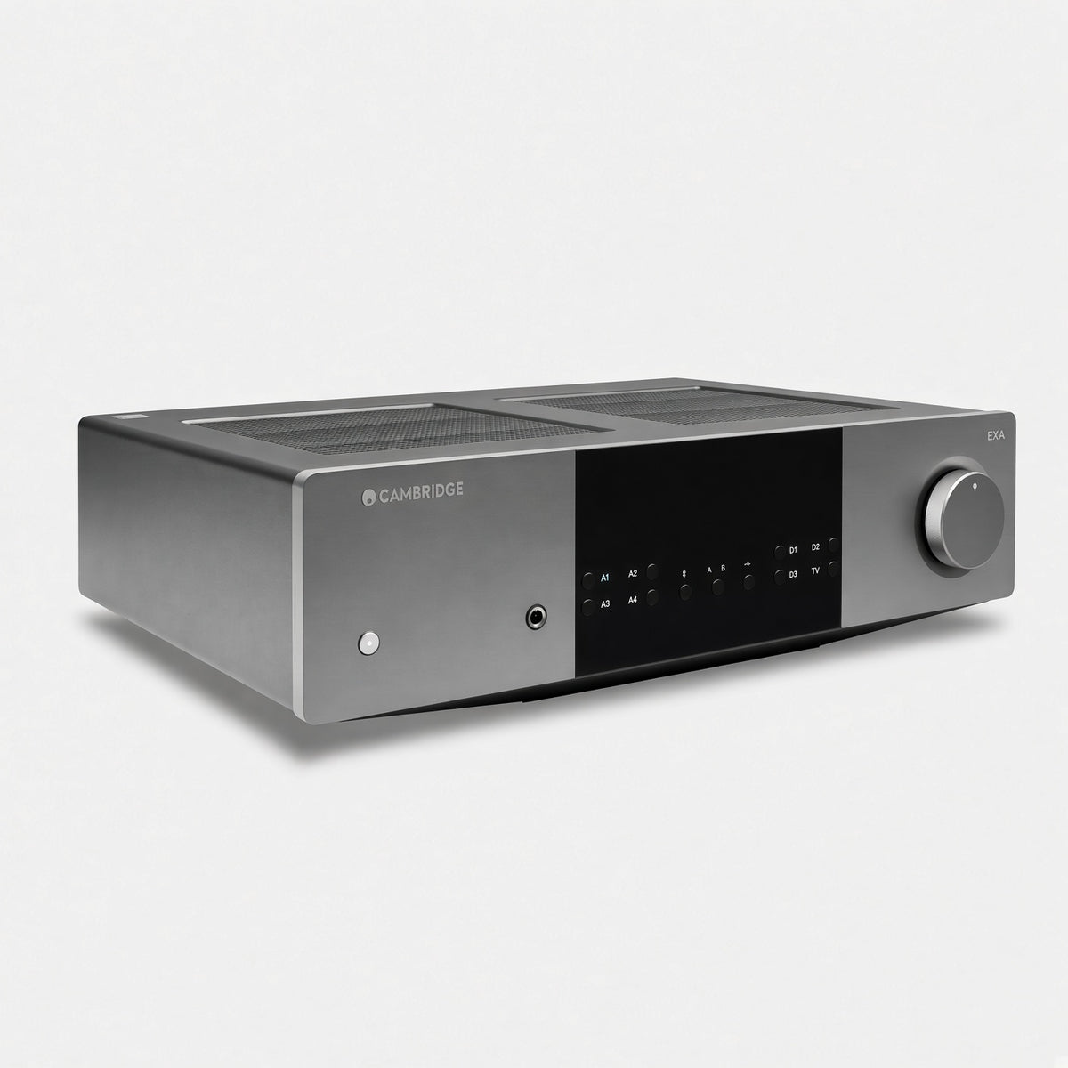 Cambridge Audio EXA100 integrated amplifier three-quarter view, grey chassis and volume knob