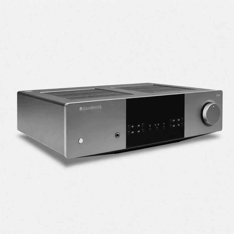 Cambridge Audio EXA100 integrated amplifier three-quarter view, grey chassis and volume knob