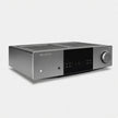 Cambridge Audio EXA100 integrated amplifier three-quarter view, grey chassis and volume knob