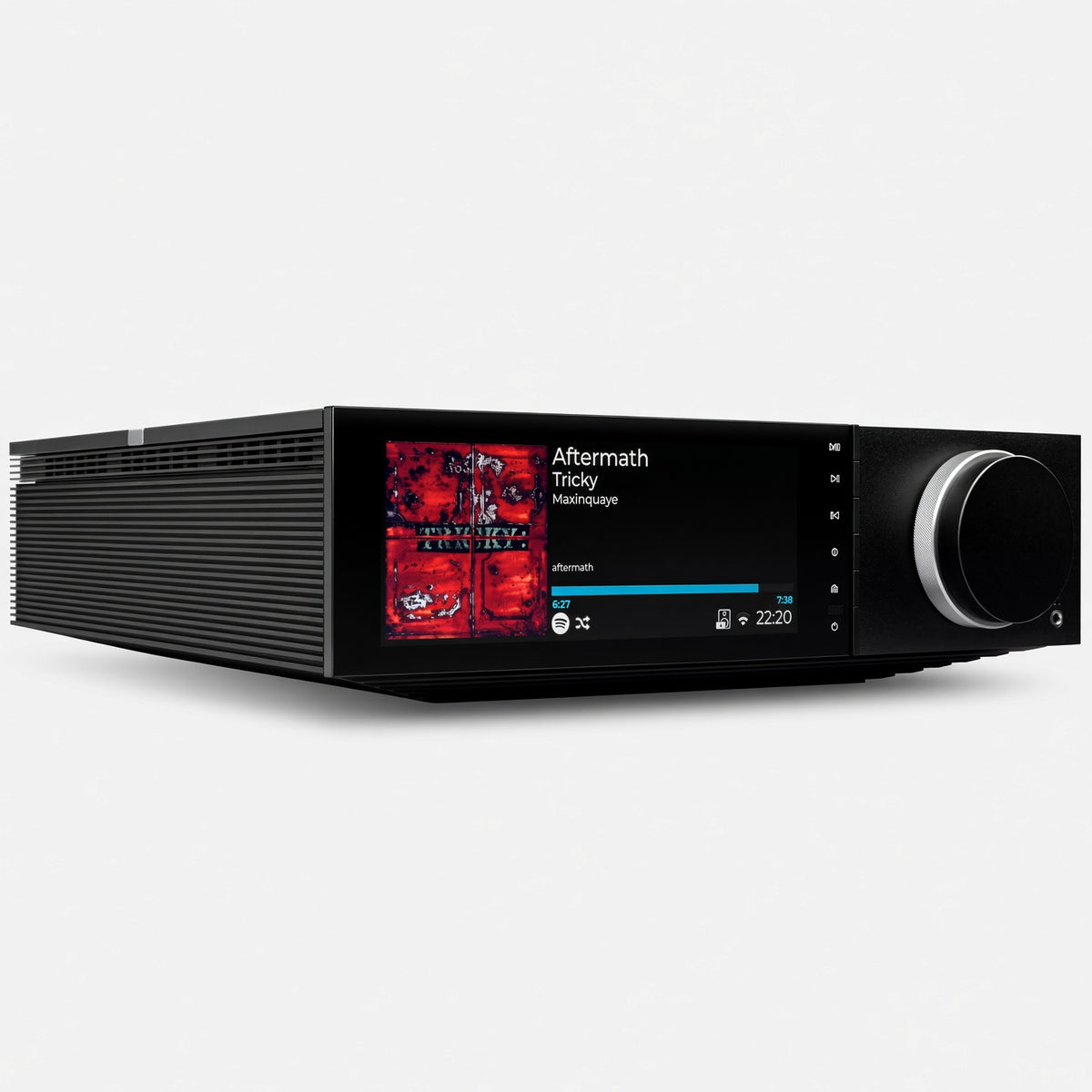 Cambridge Audio Evo 150 SE three-quarter view, black chassis with display and volume knob
