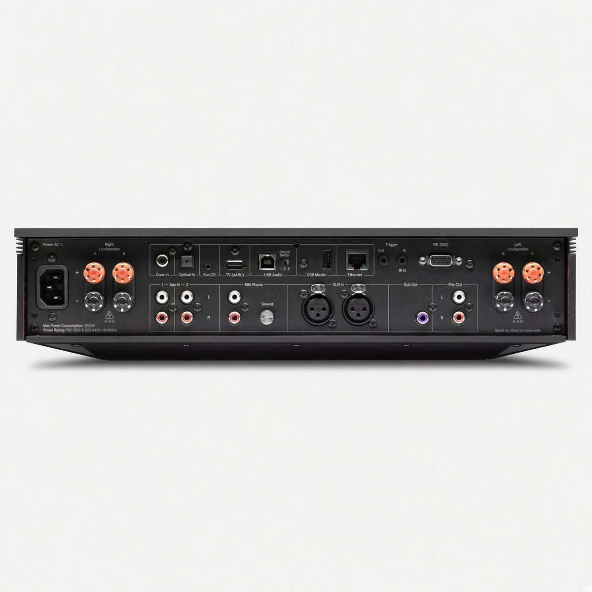 Cambridge Audio Evo 300 rear panel with speaker posts, analogue and digital inputs and IEC inlet