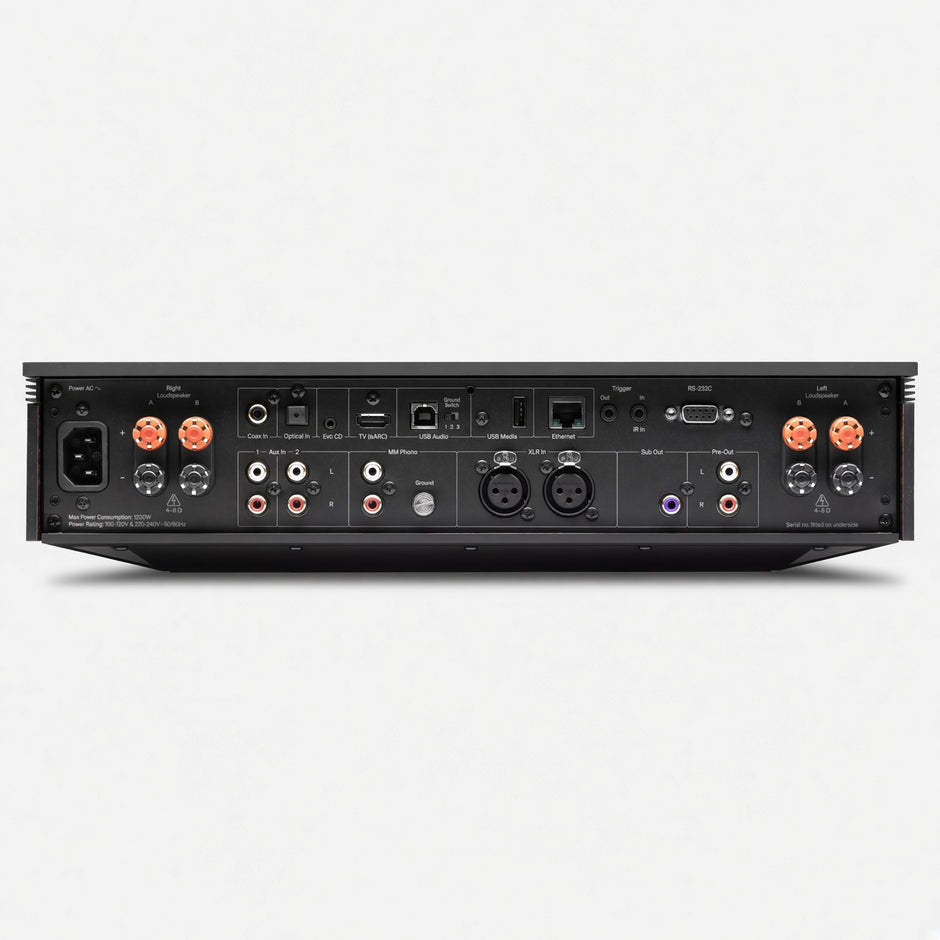 Cambridge Audio Evo 300 rear panel with speaker posts, analogue and digital inputs and IEC inlet