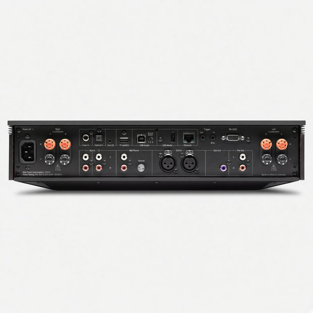 Cambridge Audio Evo 300 rear panel with speaker posts, analogue and digital inputs and IEC inlet
