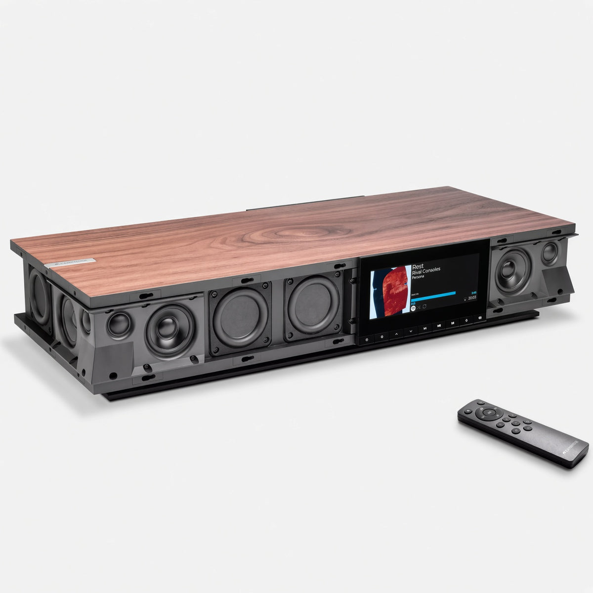 Cambridge Audio Evo One all-in-one speaker with walnut top, exposed drivers, colour display and remote