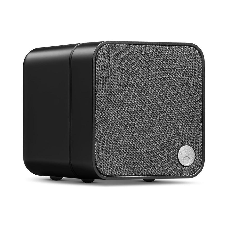Cambridge Audio MSX10 passive speaker in black, three-quarter view with fabric grille