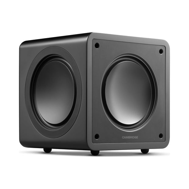 Cambridge Audio MSX Sub 200 powered subwoofer side view with woofer and passive radiator