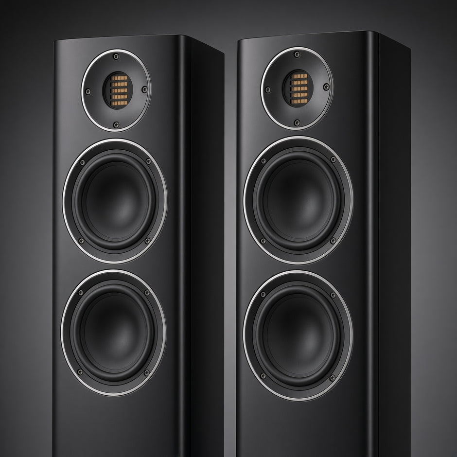 a close up of ELAC Carina FS247.4 Floorstanding Speaker with JET Tweeter