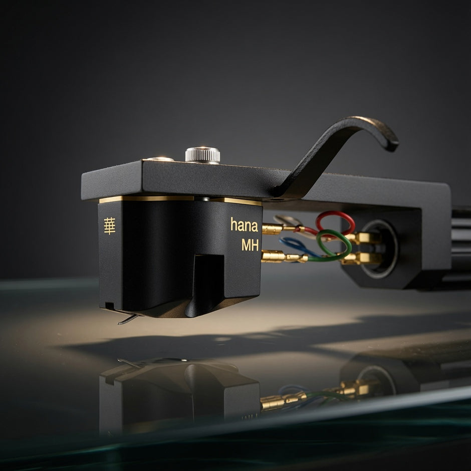 Close-up view of Hana MH MC cartridge nude Microline stylus on aluminum cantilever