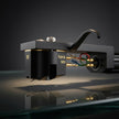 Close-up view of Hana MH MC cartridge nude Microline stylus on aluminum cantilever
