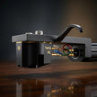 Close-up of Hana ML MC cartridge showing nude Microline diamond stylus and aluminum cantilever