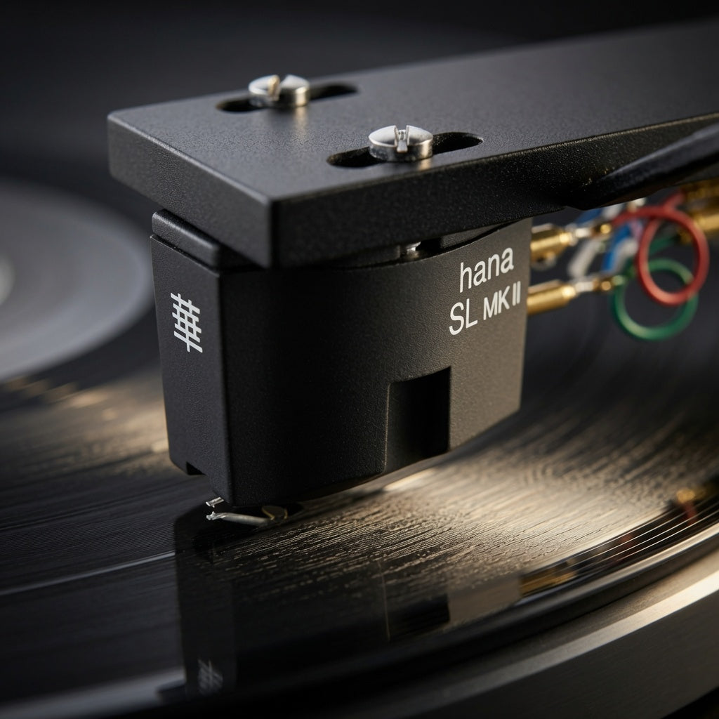 Close-up of a black Hana SL MK II vinyl record cartridge mounted on a tonearm over a spinning record, with visible red, green, and blue wire rings and white branding text on the cartridge body.