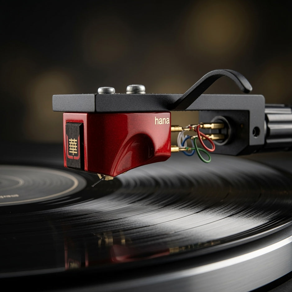 A close-up of a Hana brand turntable needle cartridge resting on a spinning black vinyl record, with the red and black cartridge body clearly visible against a dark blurred background.