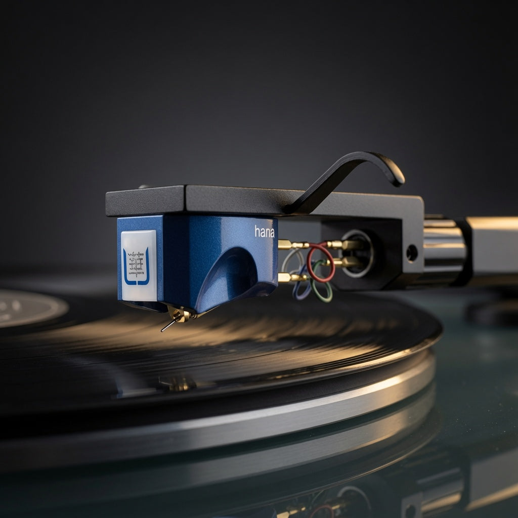 A close-up of a Hana brand blue and black cartridge on a turntable, shown resting on a spinning vinyl record against a dark studio background.