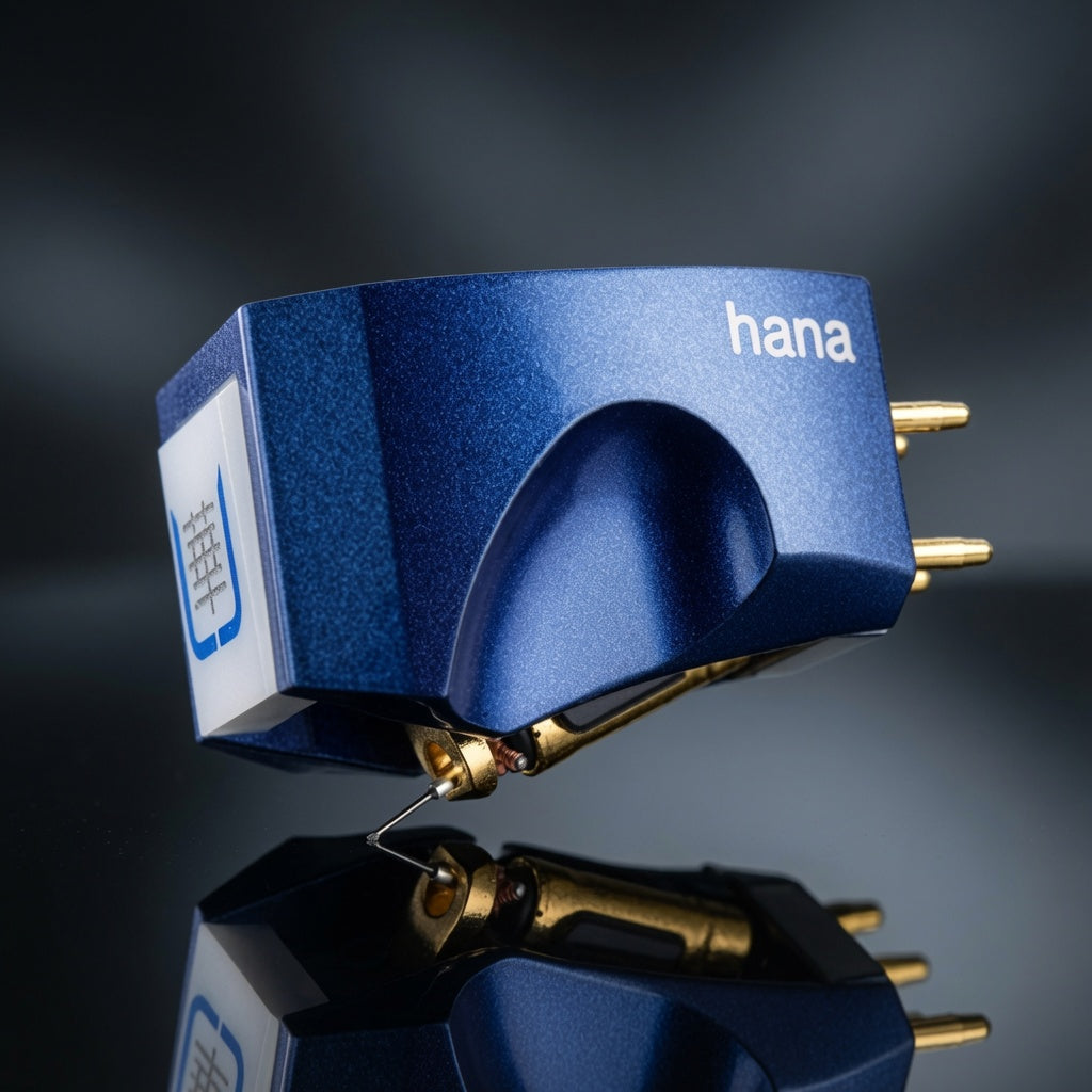 Hana Umami Blue moving coil phono cartridge duralumin body with white POM inlay and nude Microline diamond stylus