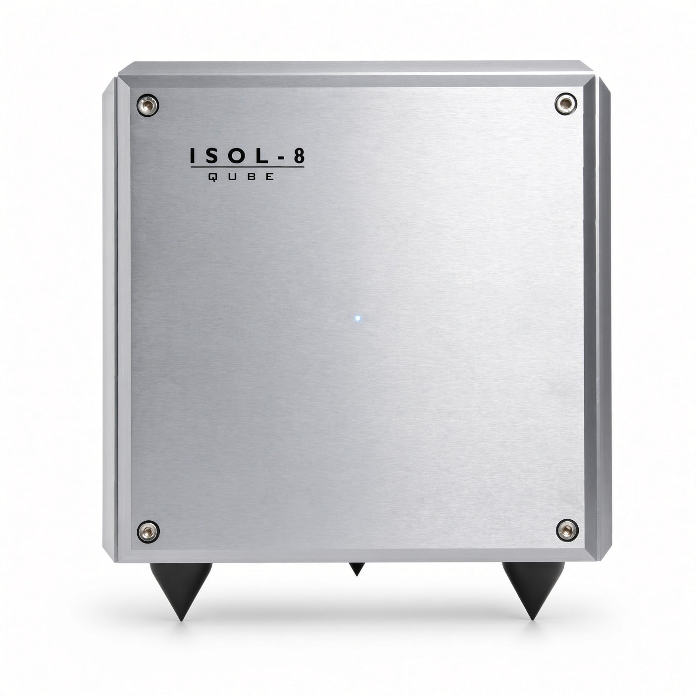 Angled view of ISOL-8 Qube VHC power conditioner showing aluminium cube design