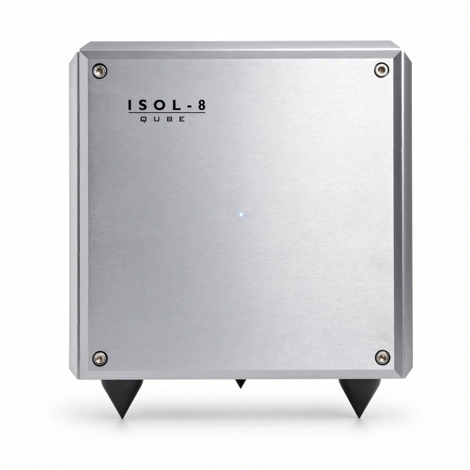 Angled view of ISOL-8 Qube VHC power conditioner showing aluminium cube design
