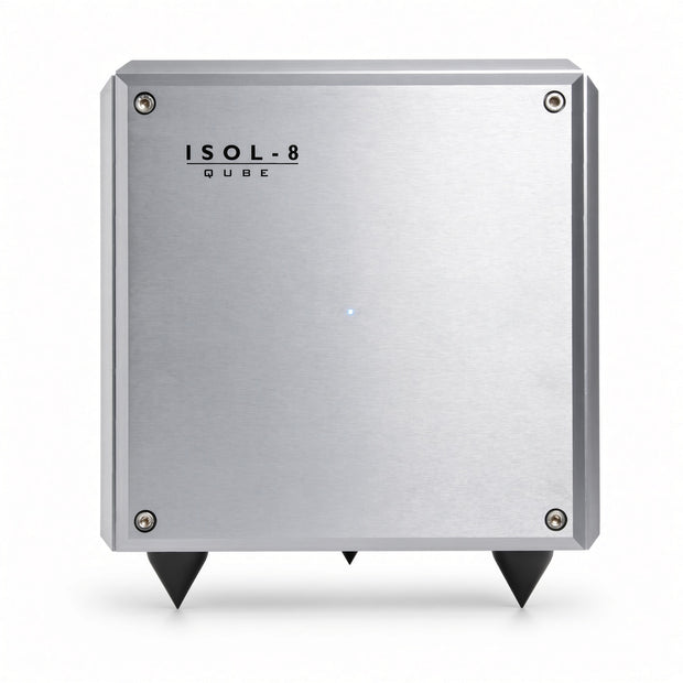 Angled view of ISOL-8 Qube VHC power conditioner showing aluminium cube design