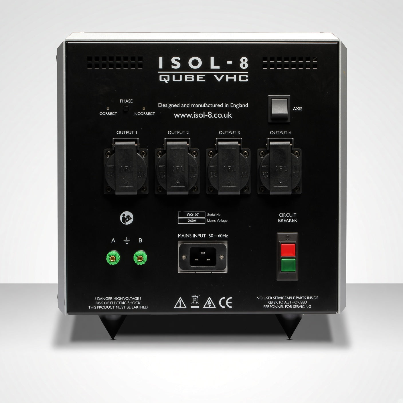 Rear view of ISOL-8 Qube VHC with four high-current outlets and grounding terminals