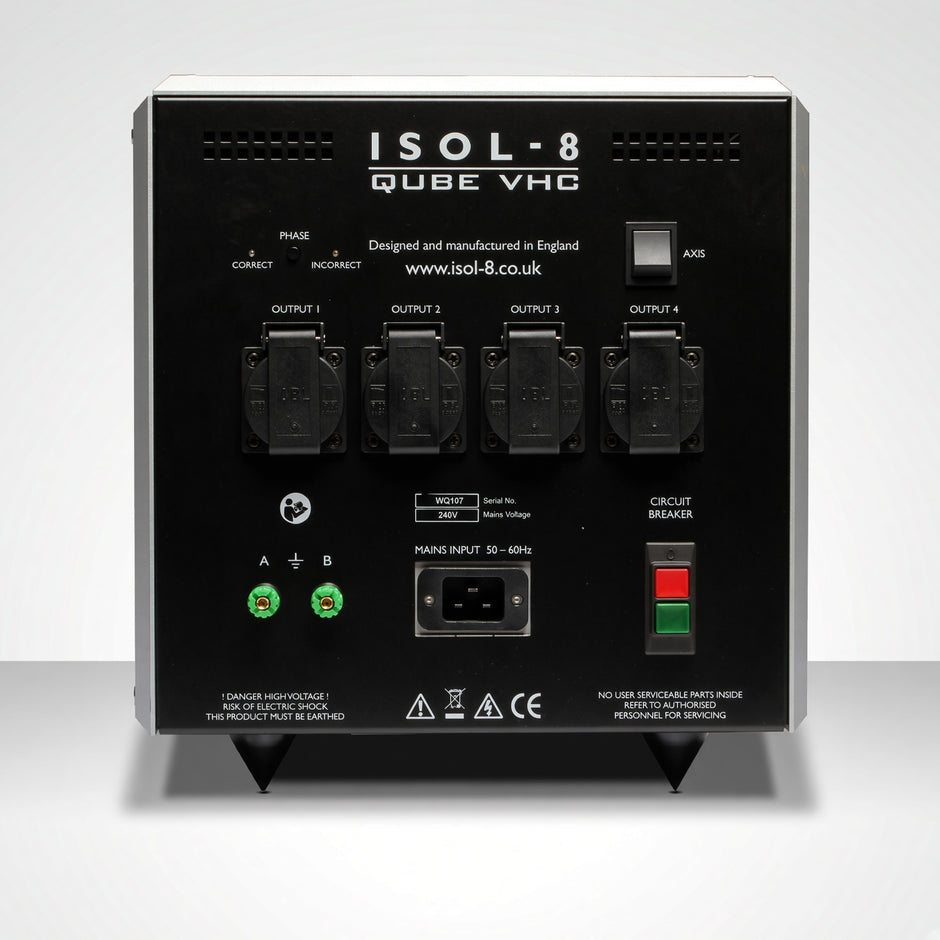 Rear view of ISOL-8 Qube VHC with four high-current outlets and grounding terminals