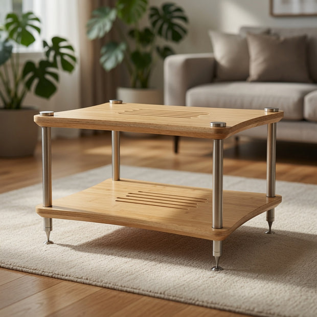 Angled view of Mukava AER-02 multi-shelf HiFi rack