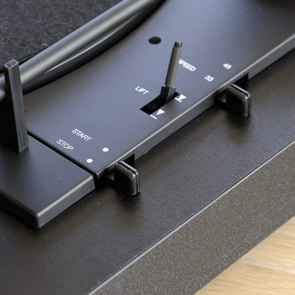 Angled view of Pro-Ject A1 black automatic belt-drive turntable with ultra-light aluminium tonearm