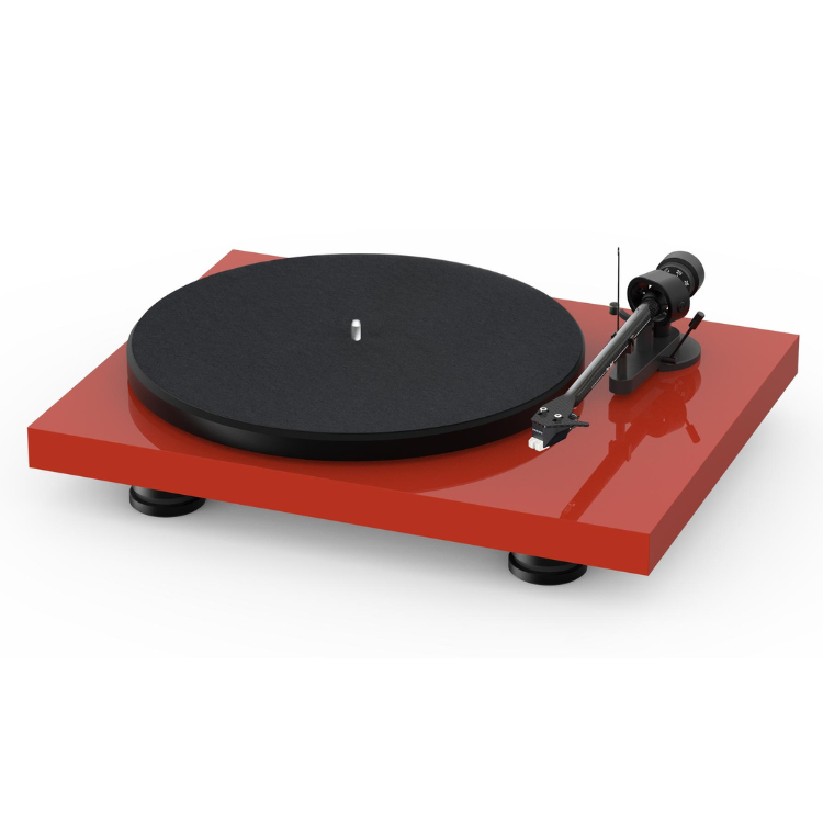 Close-up of Ortofon 2M Red cartridge on Pro-Ject Debut Carbon EVO carbon tonearm