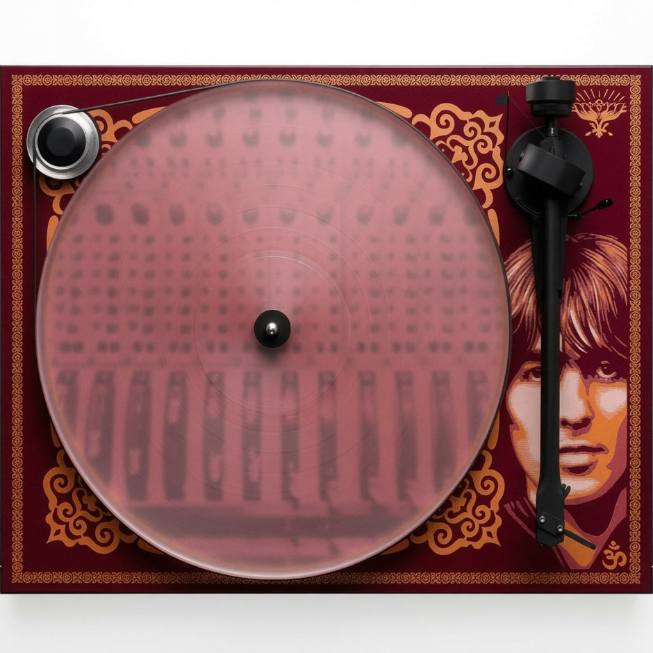 Close-up of Shepard Fairey George Harrison portrait and Indian patterns on Pro-Ject Essential III