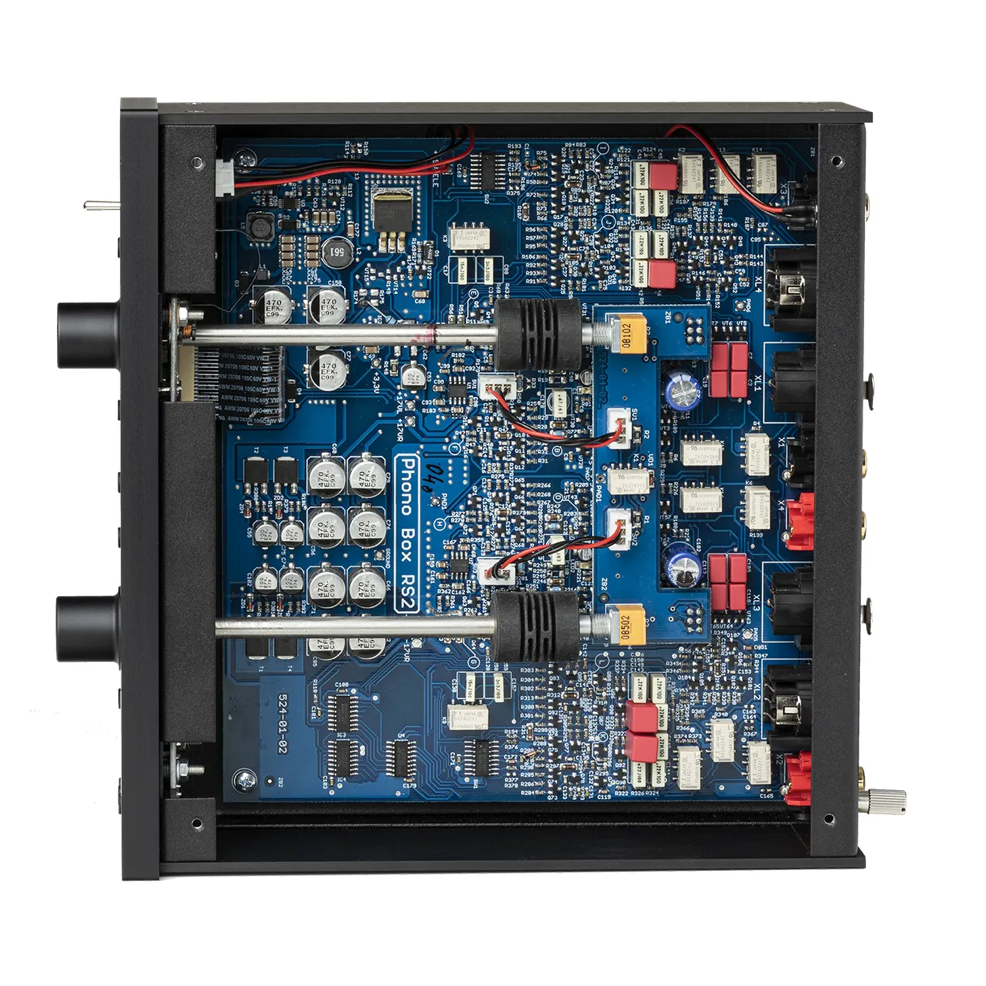 interior view of Pro-Ject Phono Box RS2 showing impedance and gain controls