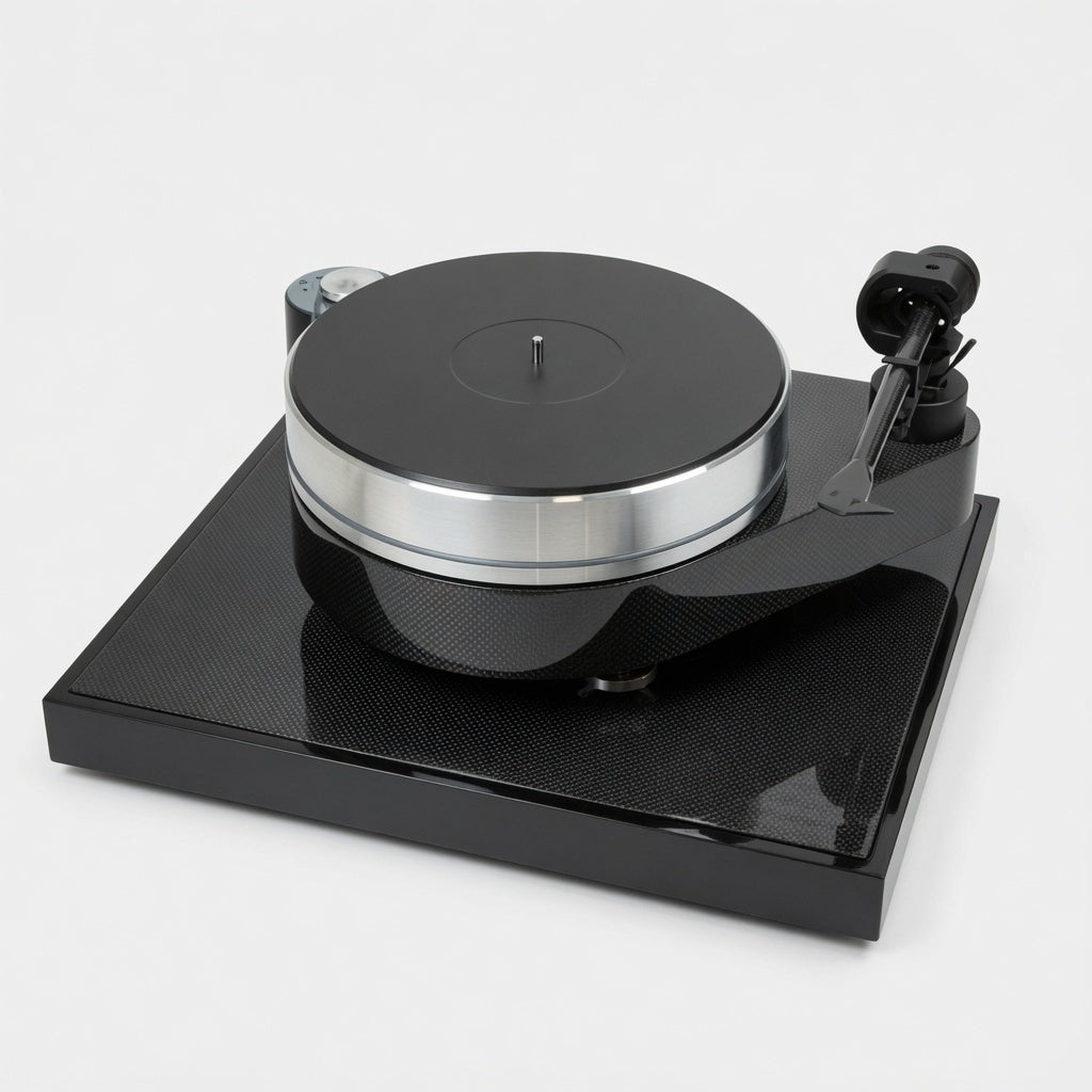 Angled view of Pro-Ject RPM 10 Carbon showing heavy aluminium platter and outboard motor