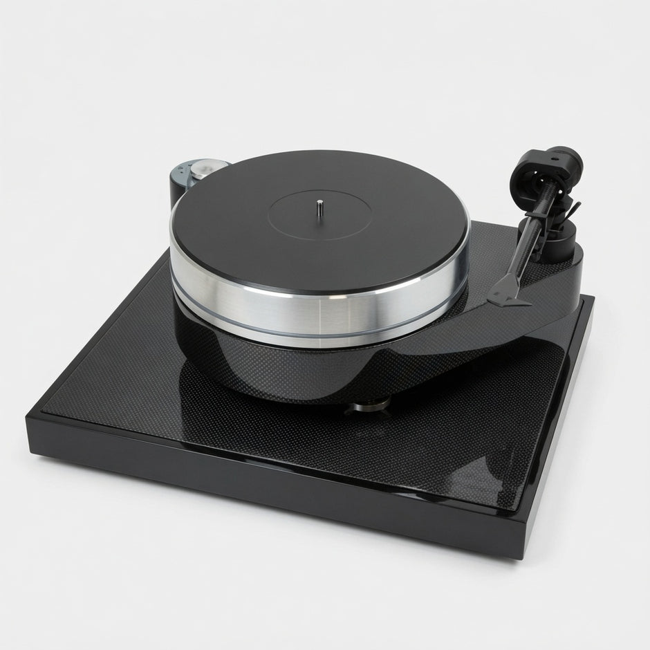 Angled view of Pro-Ject RPM 10 Carbon showing heavy aluminium platter and outboard motor