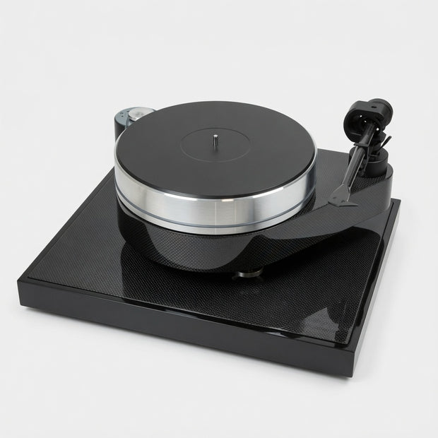 Angled view of Pro-Ject RPM 10 Carbon showing heavy aluminium platter and outboard motor