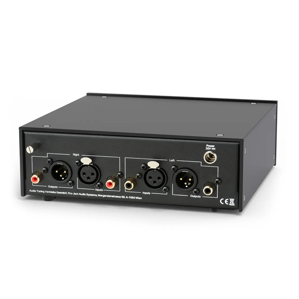 Rear view of Pro-Ject Phono Box RS2 with balanced XLR and RCA inputs and outputs