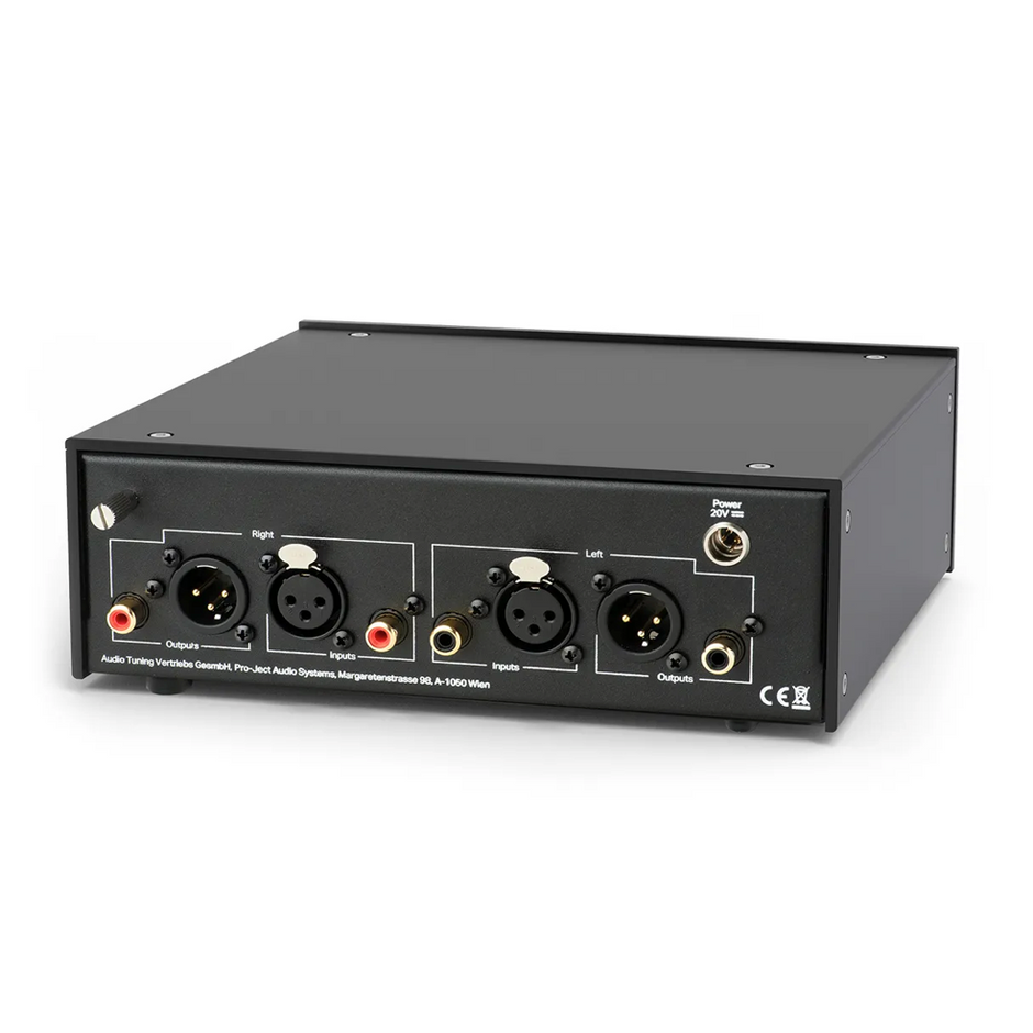Rear view of Pro-Ject Phono Box RS2 with balanced XLR and RCA inputs and outputs