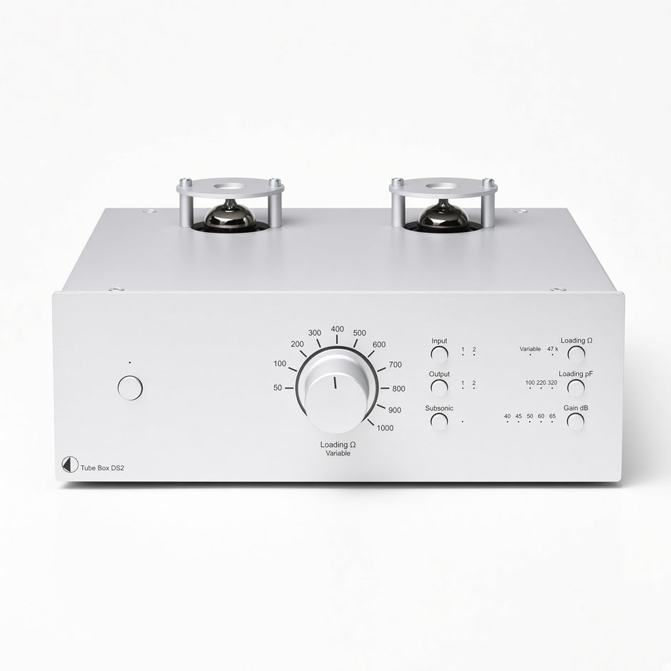 Pro-Ject Tube Box DS2 dual-mono tube phono stage in silver metal housing