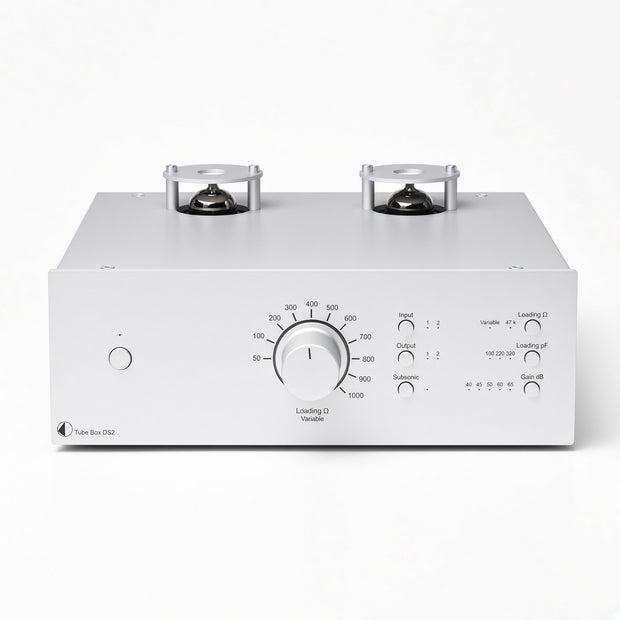 Pro-Ject Tube Box DS2 dual-mono tube phono stage in silver metal housing