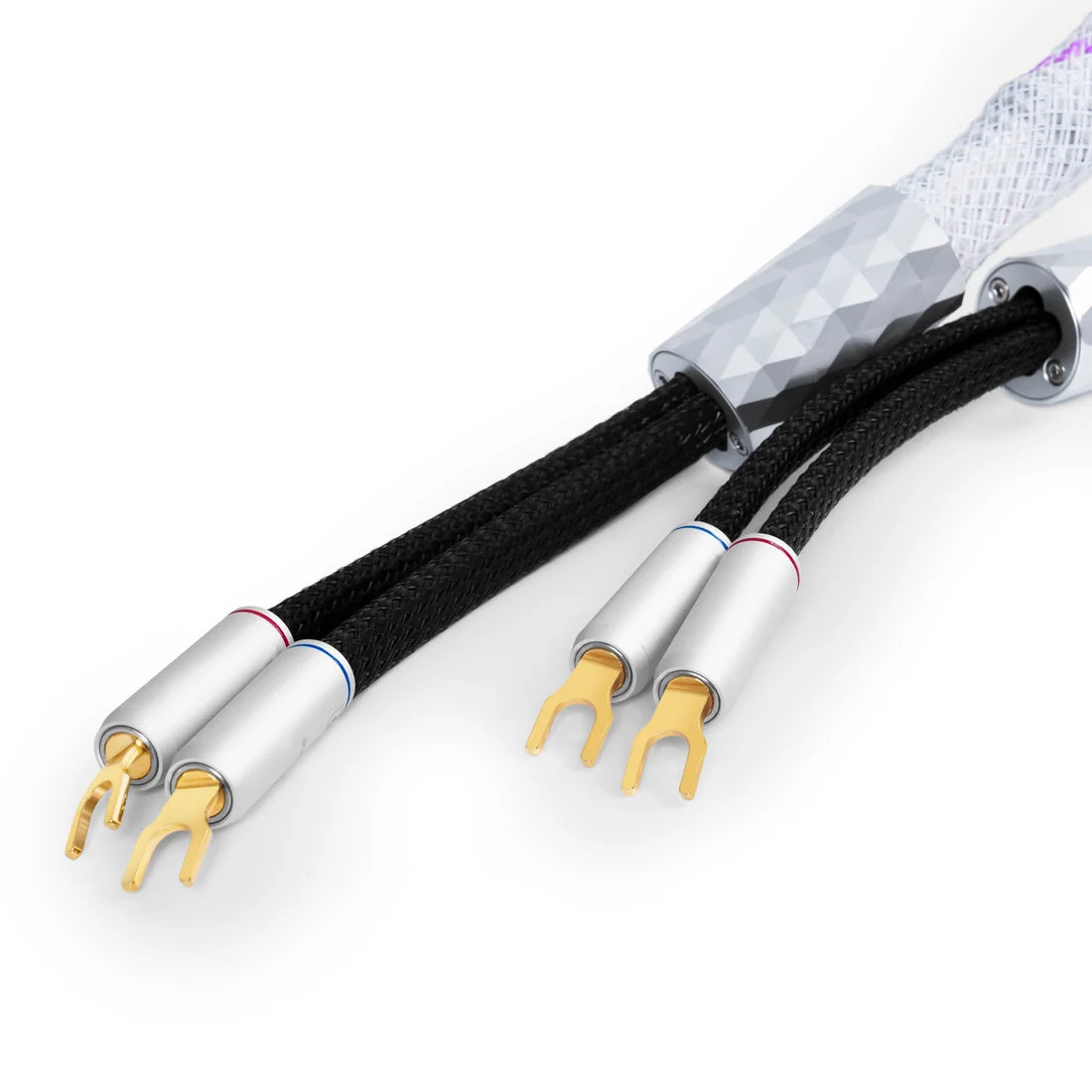 Close-up of XLO R35 speaker cable banana or spade connectors