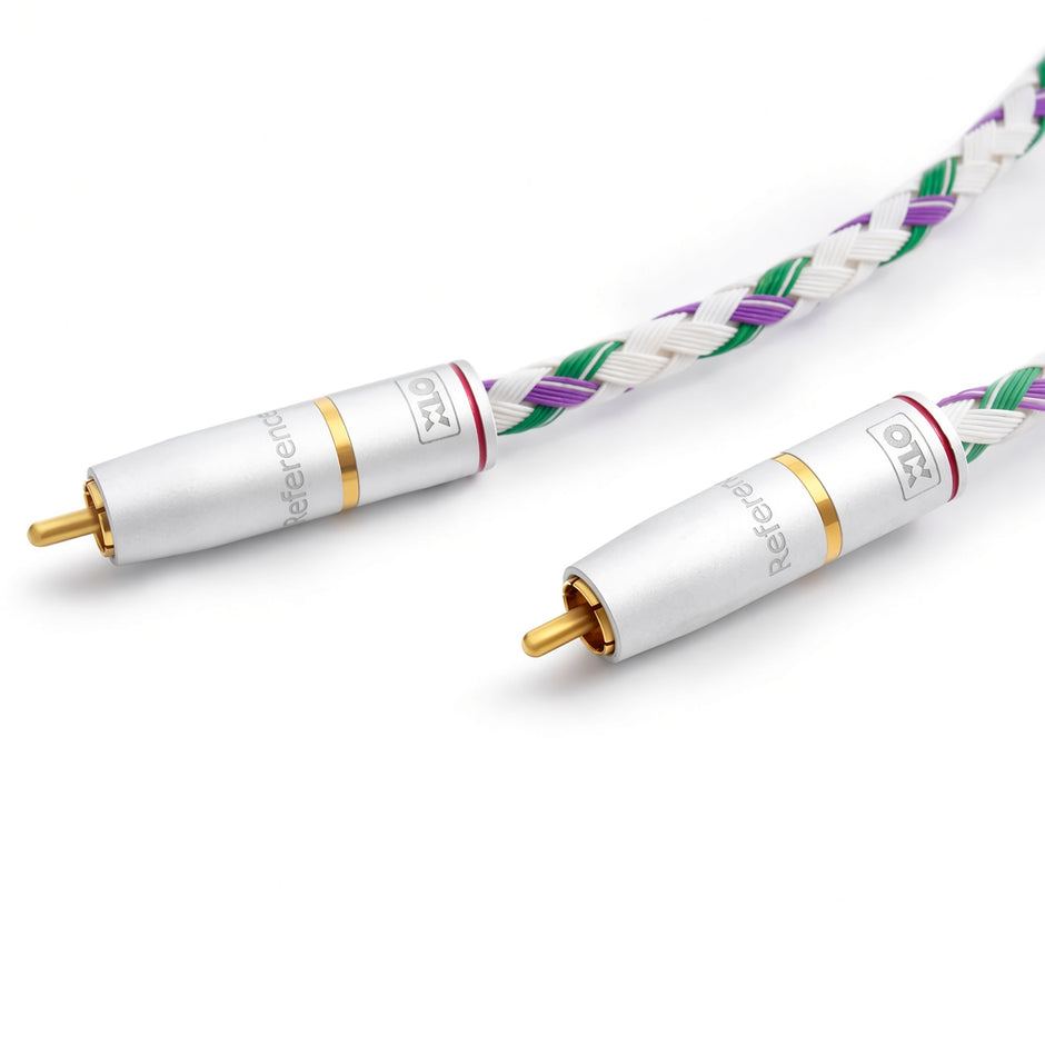 Close-up of XLO R35 RCA interconnect gold-plated connectors