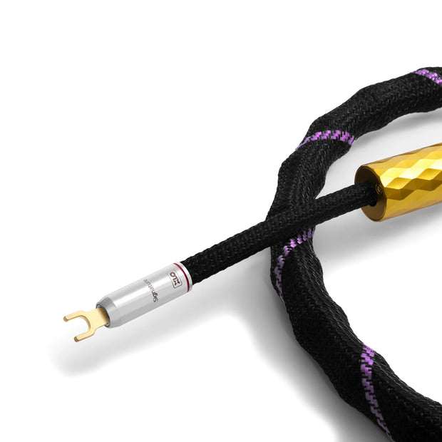 Close-up of XLO S35 speaker cable banana or spade connectors