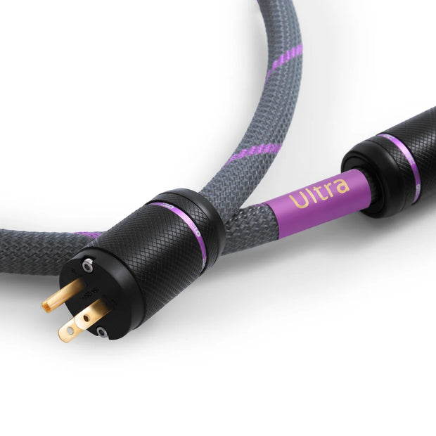 Close-up of XLO U35 power cable IEC and plug connectors