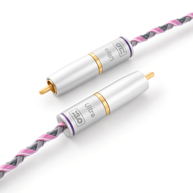 Close-up of XLO U35 RCA interconnect gold-plated connectors