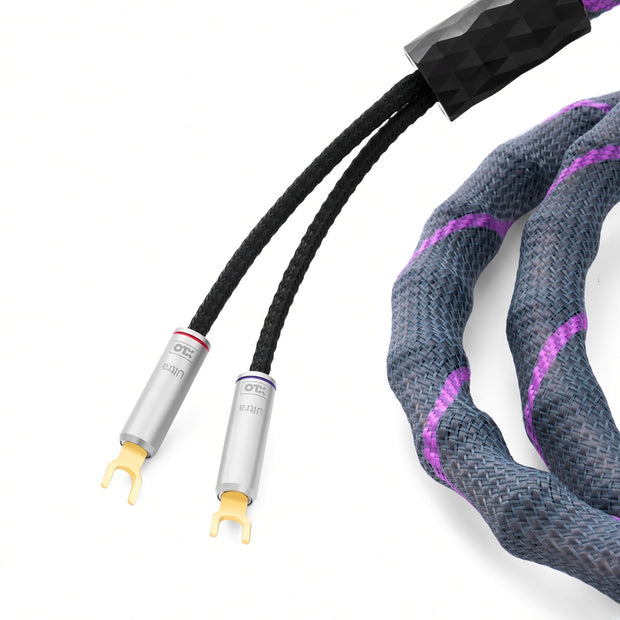 Close-up of XLO U35 speaker cable banana or spade connectors
